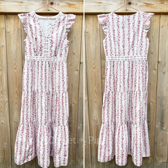 Gal Meets Glam Rosie Dress Size 8 Floral Maxi Dress Pink Rose Ruffle - Picture 3 of 17